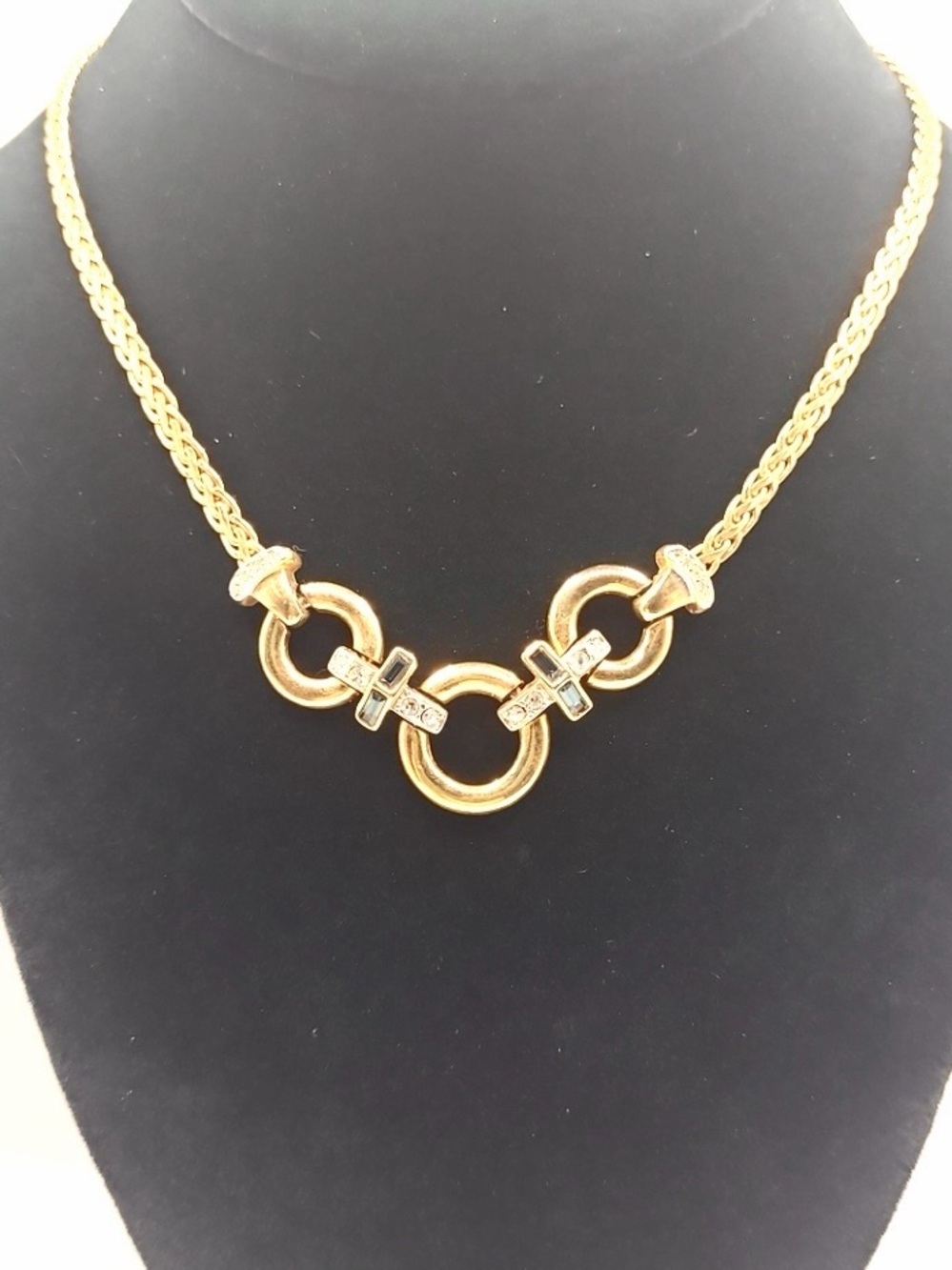 Vintage Keyes Gold Tone Link Necklace Crystal Accent Rings Signed